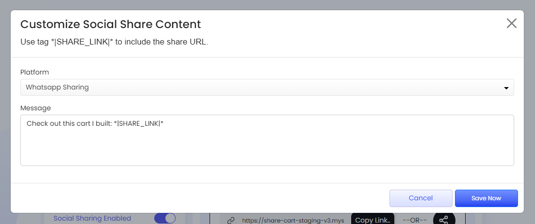 Screenshot of Customize Social Share Content modal-Adding a message for Whatsapp
