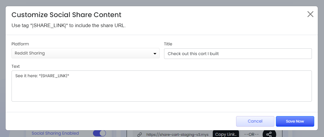 Screenshot of Customize Social Share Content modal-Adding a title and text for Reddit
