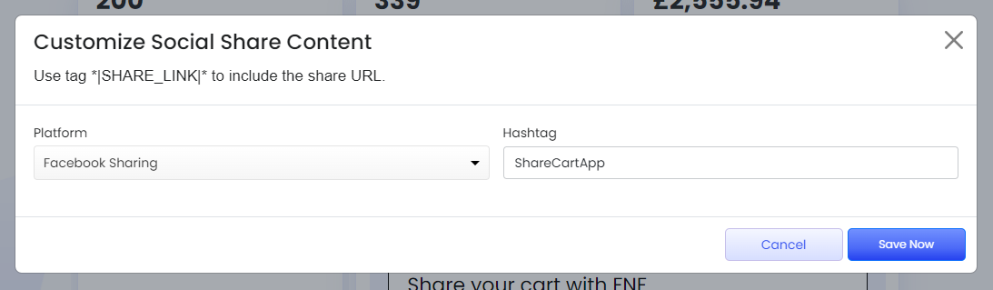 Screenshot of Customize Social Share Content modal-Adding hashtag for Facebook