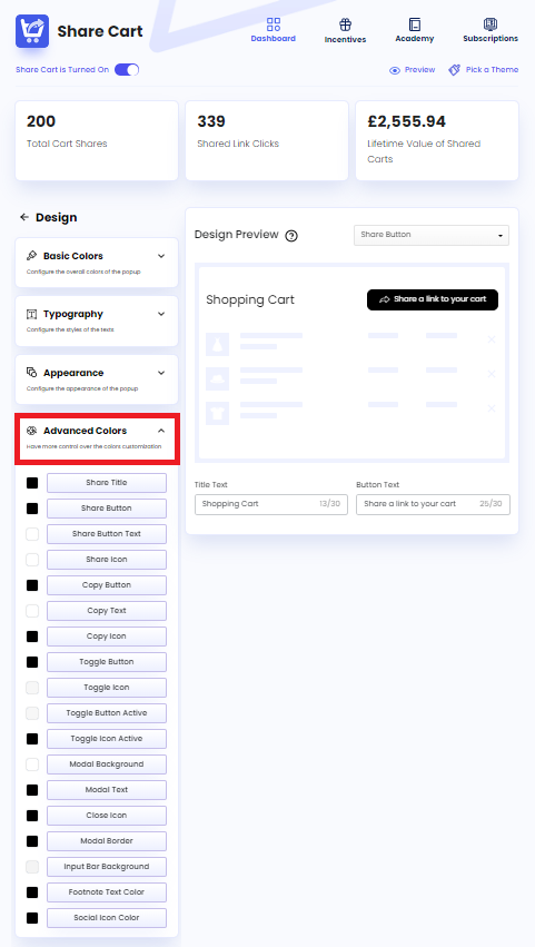Screenshot of Share Cart Dashboard-Clicking on Advanced Colors