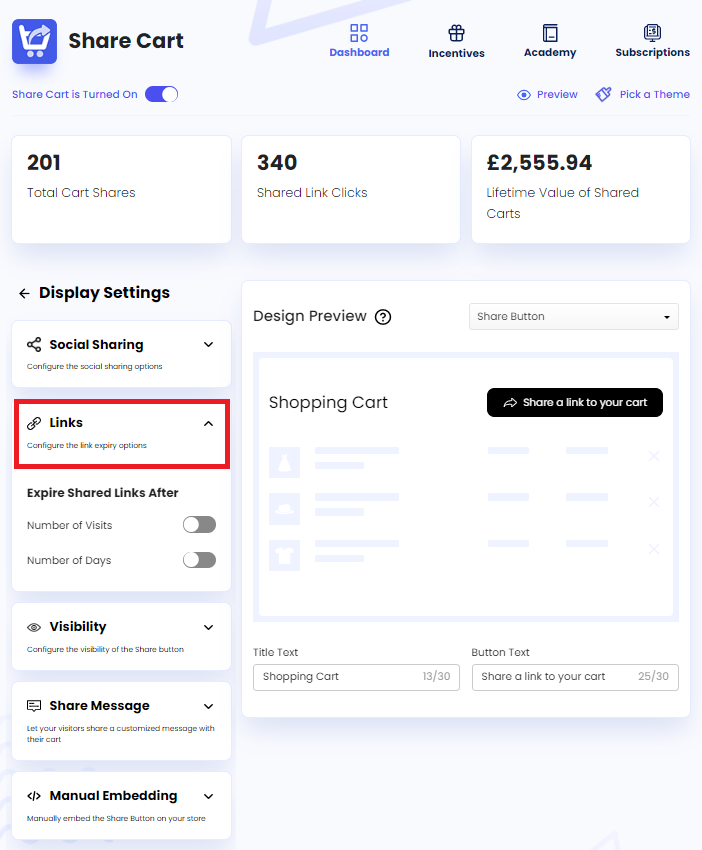 Screenshot of Share Cart Dashboard-Clicking on Links