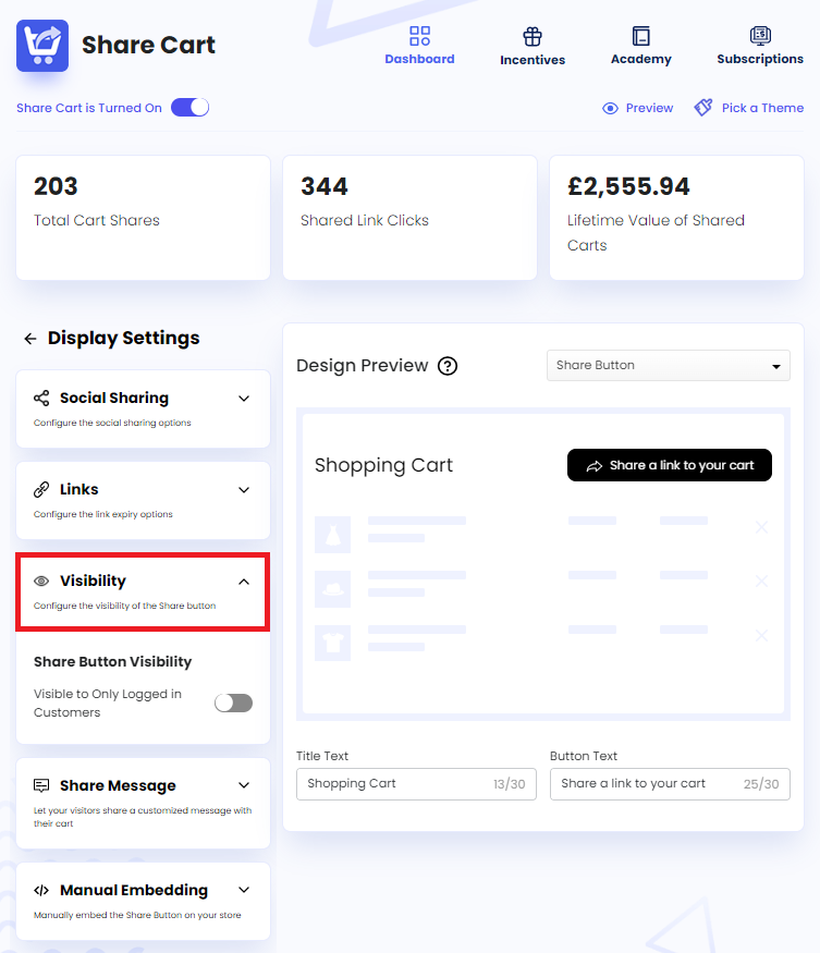 Screenshot of Share Cart Dashboard-Clicking on Visibility