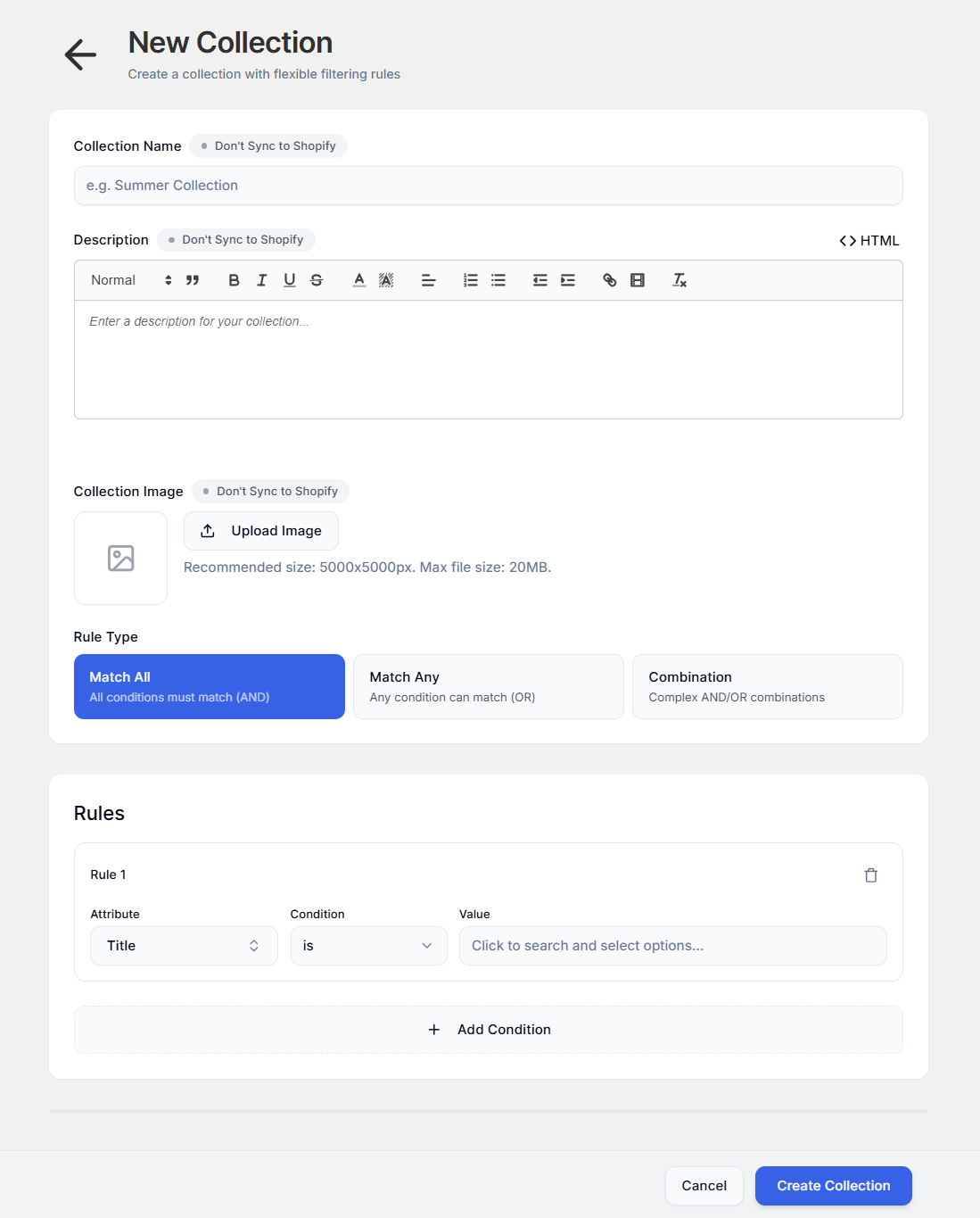 Screenshot of Smart Collections Builder Collection Creation Page