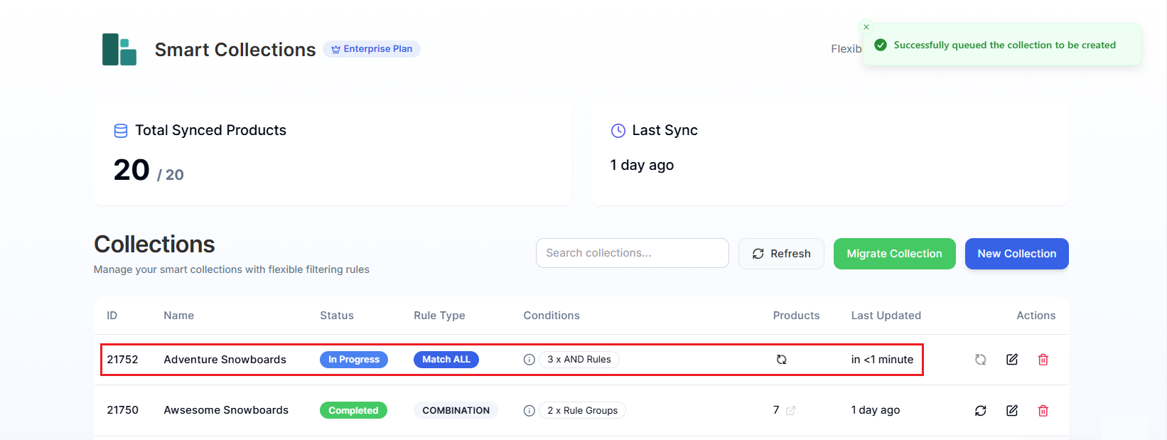 Screenshot of Smart Collections Builder Dashboard-Checking Collection Progress