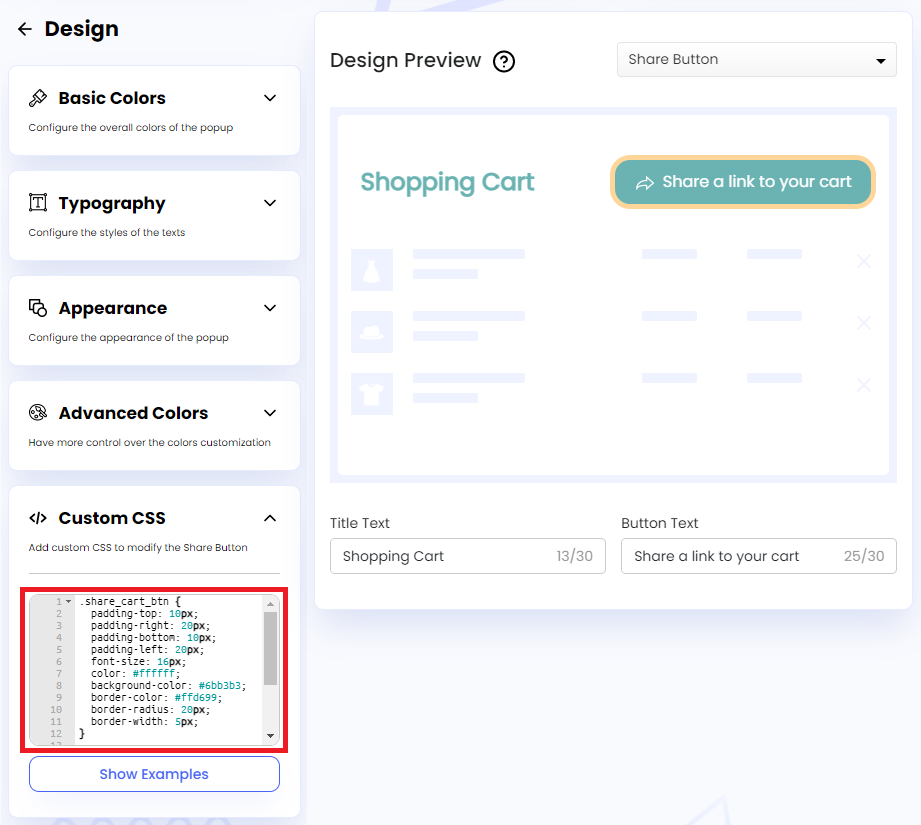Screenshot of Share Button Custom CSS-Adding CSS to Code Editor