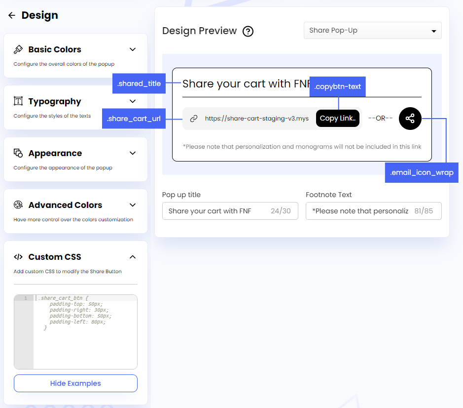 Screenshot of Share Pop-Up Custom CSS-Viewing CSS Selectors