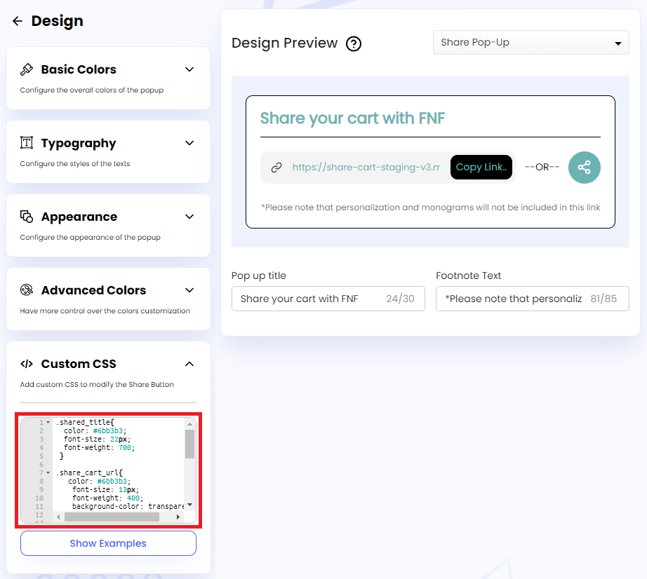 Screenshot of Share Pop-Up Custom CSS-Adding CSS to Code Editor
