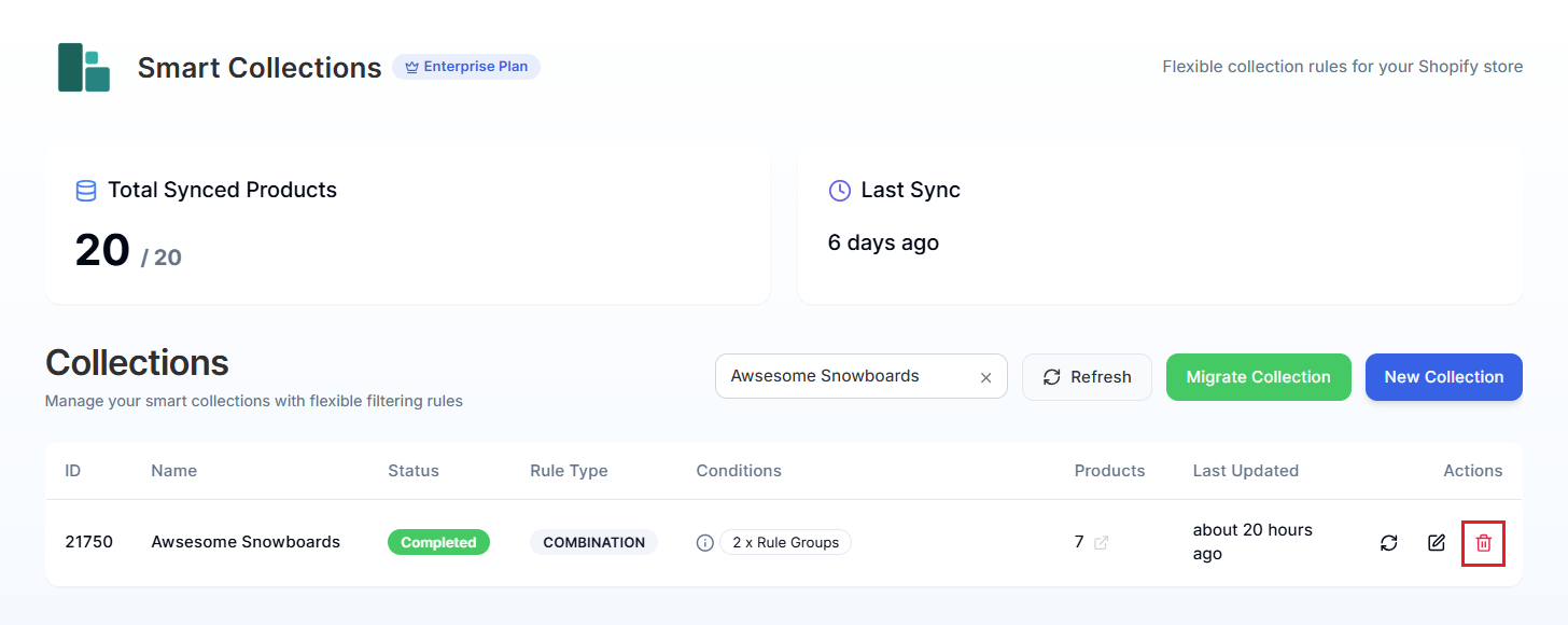 Smart Collections Builder Dashboard-Deleting Collection Screenshot of Smart Collections Builder Dashboard-Deleting Collection