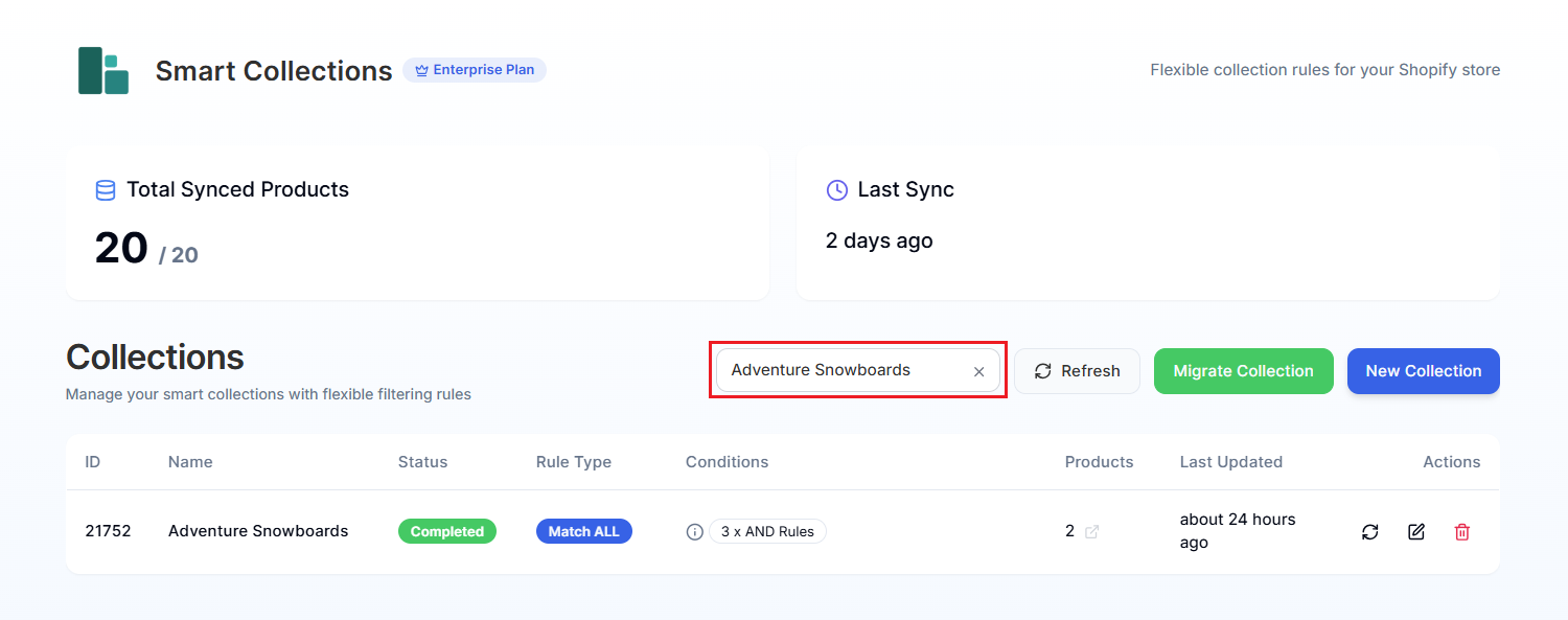 Smart Collections Builder Dashboard-Searching Collection Screenshot of Smart Collections Builder Dashboard-Searching Collection