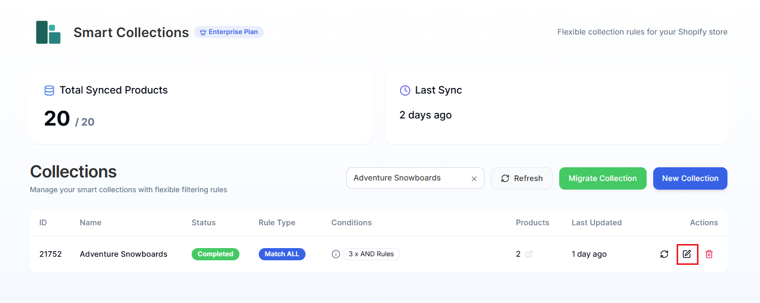 Smart Collections Builder Dashboard-Editing Collection Screenshot of Smart Collections Builder Dashboard-Editing Collection