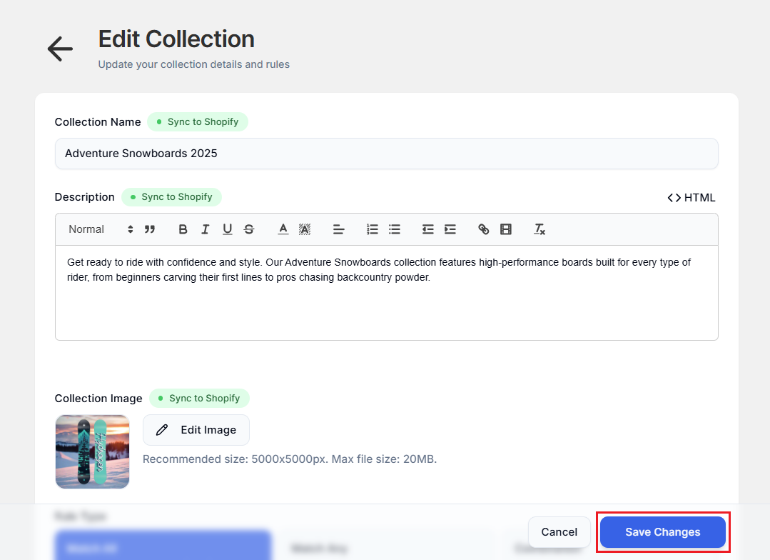 Smart Collections Builder Collection Editing Page-Saving Collection Screenshot of Smart Collections Builder Collection Editing Page-Saving Collection
