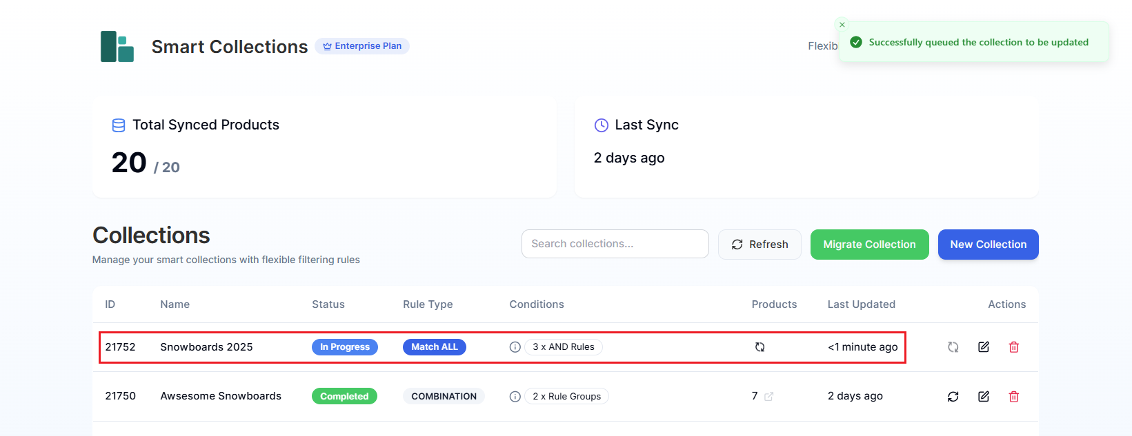 Smart Collections Builder Dashboard-Checking Collection Progress Screenshot of Smart Collections Builder Dashboard-Checking Collection Progress
