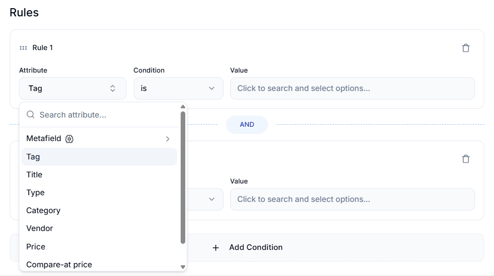 Screenshot of Smart Collections Builder-Filter Attribute
