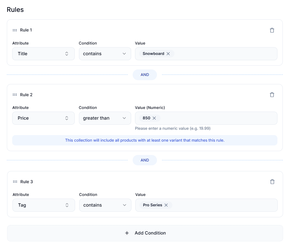 Screenshot of Smart Collections Builder-Multiple Rules and Filters