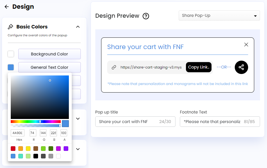 Screenshot of General Text Color-Share Pop-Up