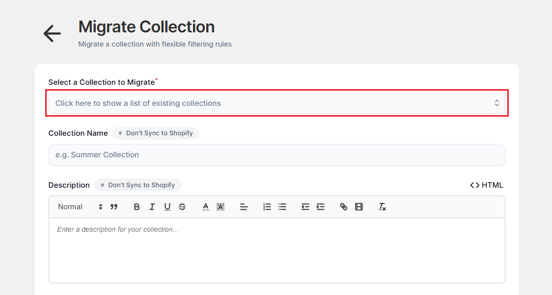 Smart Collections Builder Collection Migration Page Screenshot of Smart Collections Builder Collection Migration Page