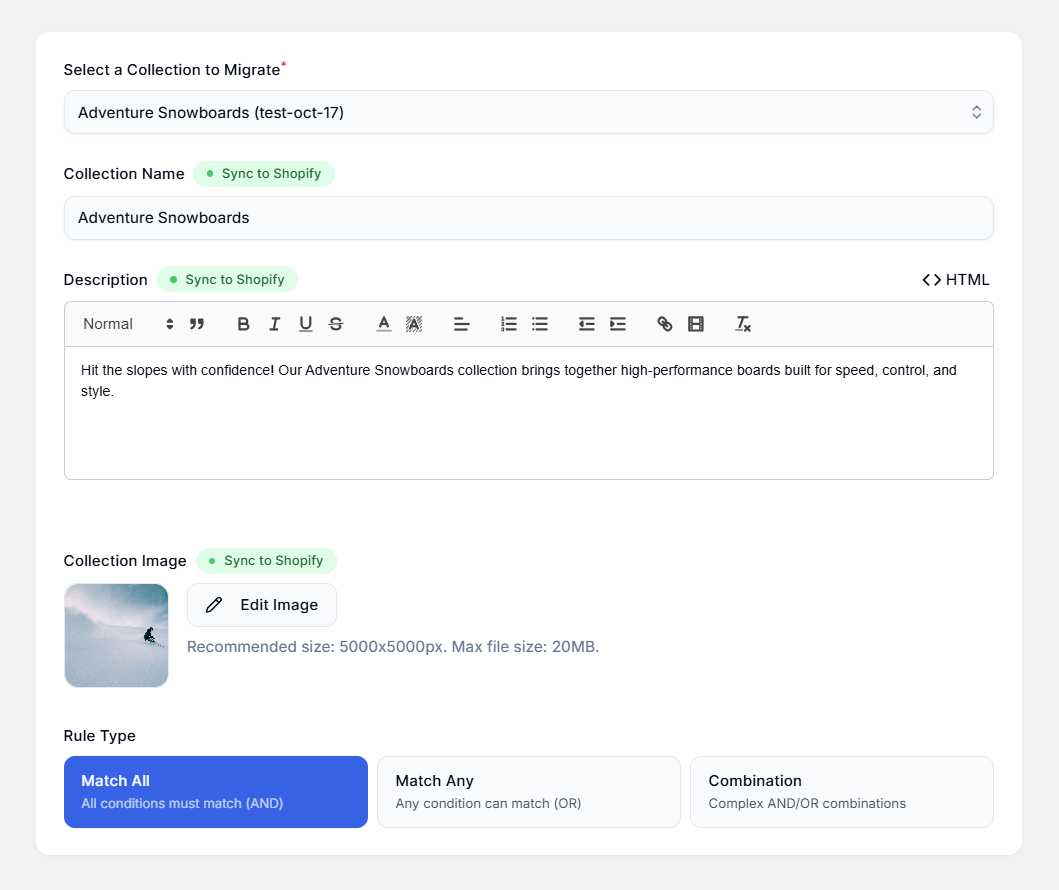 Smart Collections Builder Collection Migration Page-Shopify Sync Toggle On Screenshot of Smart Collections Builder Collection Migration Page-Shopify Sync Toggle On