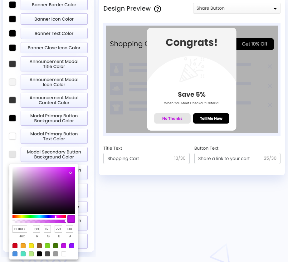 Screenshot of Share Cart Dashboard-Recipient Incentive Announcement Modal Secondary Button Text Color
