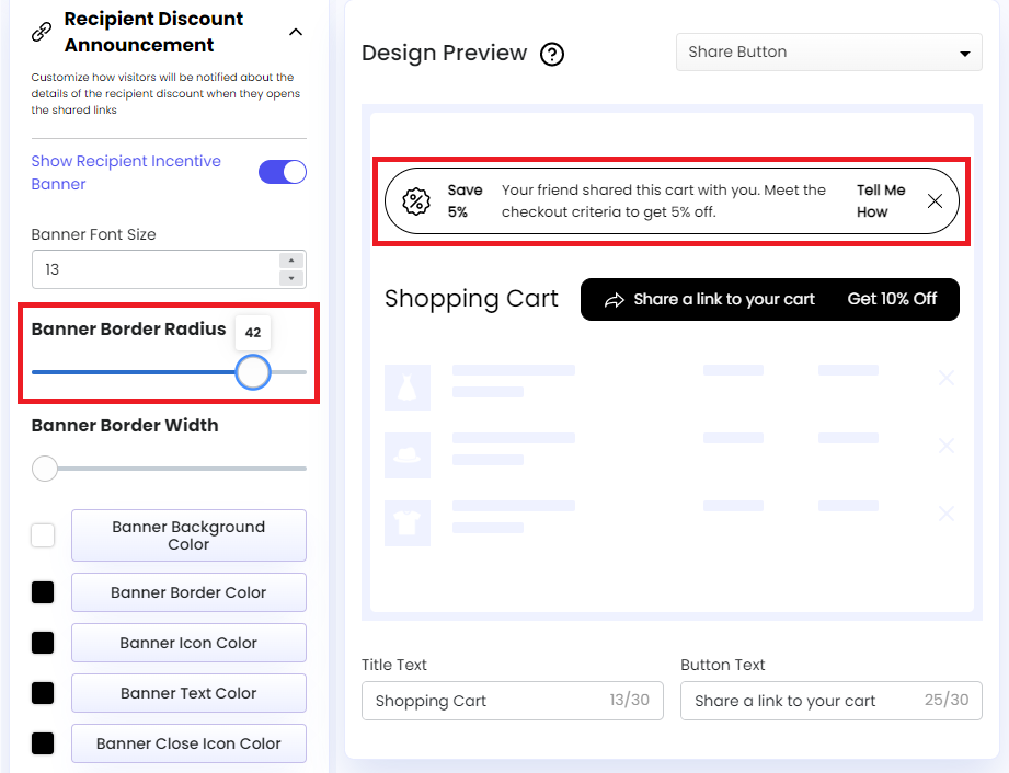 Screenshot of Share Cart Dashboard-Recipient Incentive Banner Border Radius
