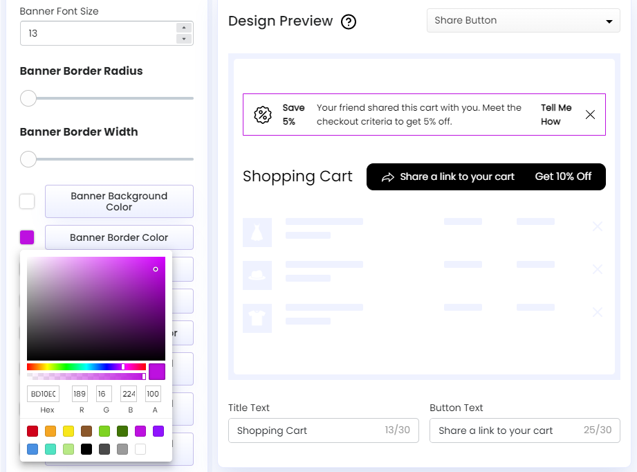Screenshot of Share Cart Dashboard-Recipient Incentive Banner Border Color