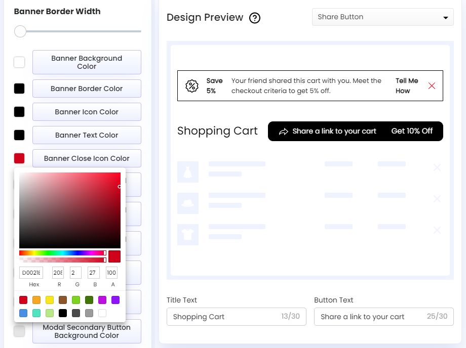 Screenshot of Share Cart Dashboard-Recipient Incentive Banner Icon Color