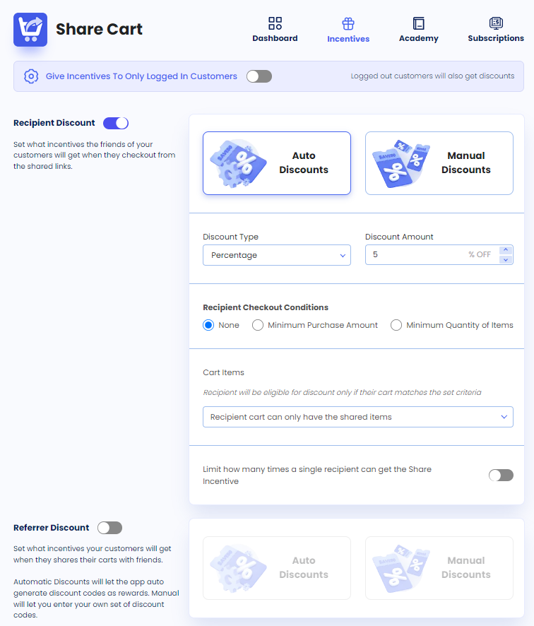 Screenshot of Share Cart Incentives Tab-Recipient Discount Toggle Turned ON