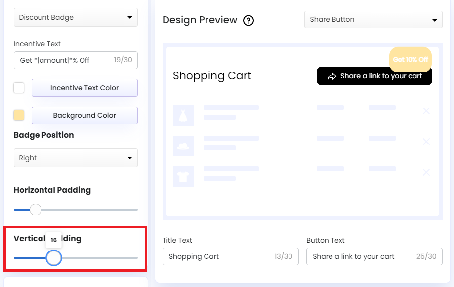 Screenshot of Share Cart Dashboard-Vertical Padding of Discount Badge