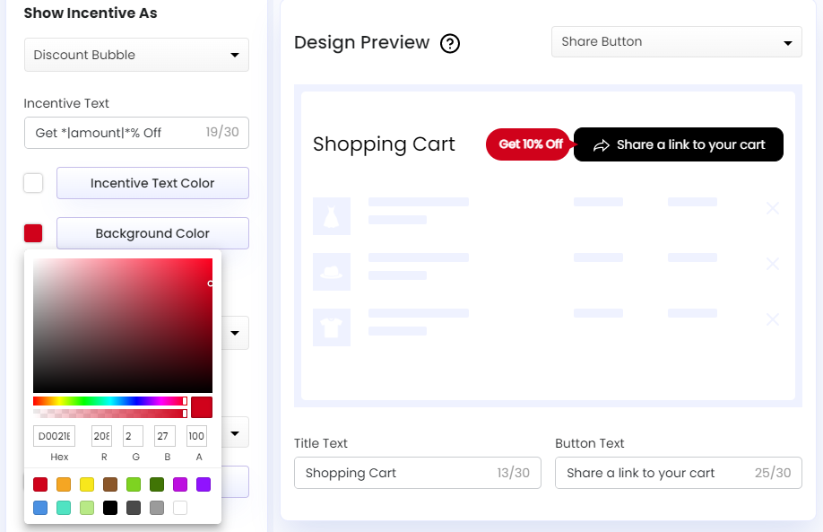 Screenshot of Share Cart Dashboard-Background Color of Discount Bubble