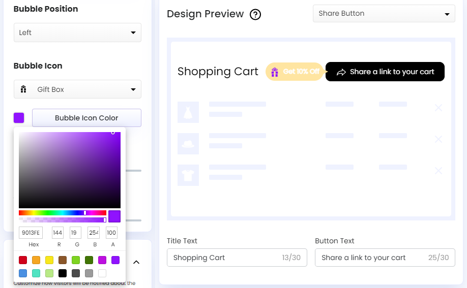 Screenshot of Share Cart Dashboard-Bubble Icon Color