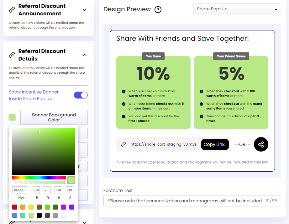 Screenshot of Share Cart Dashboard-Referrer Incentive Banner Background Color