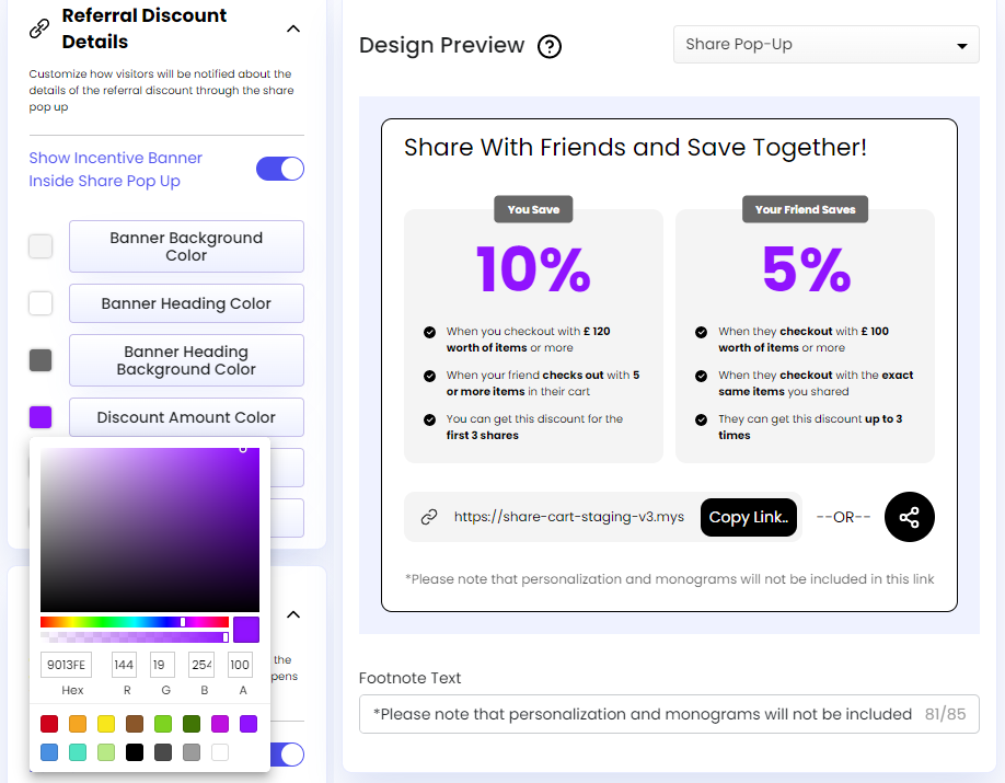 Screenshot of Share Cart Dashboard-Referrer Incentive Banner Discount Amount Color