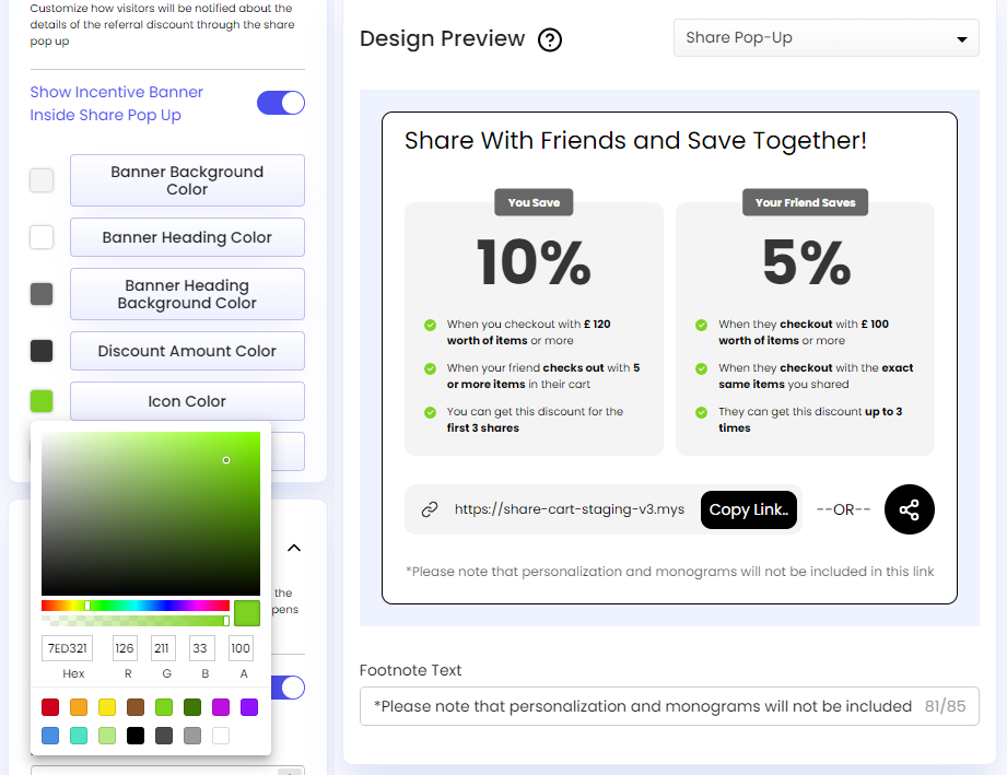 Screenshot of Share Cart Dashboard-Referrer Incentive Banner Icon Color