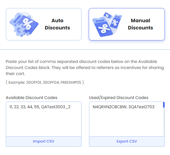 Screenshot of Share Cart Incentives Tab-Auto and Manual Discounts for Referrer