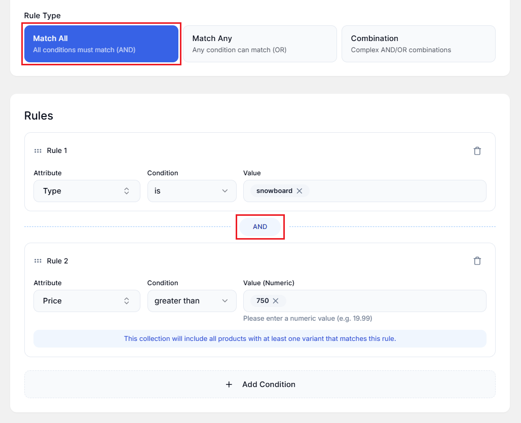 Screenshot of Smart Collections Builder Rule Type-Match All