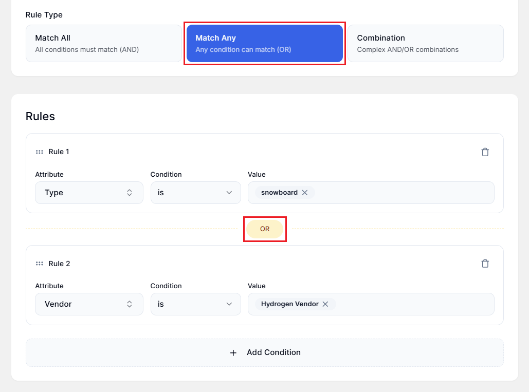 Screenshot of Smart Collections Builder Rule Type-Match Any