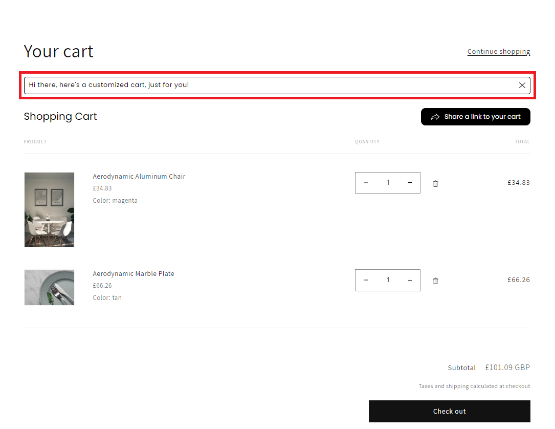 Screenshot of Share Message on a Shared Cart