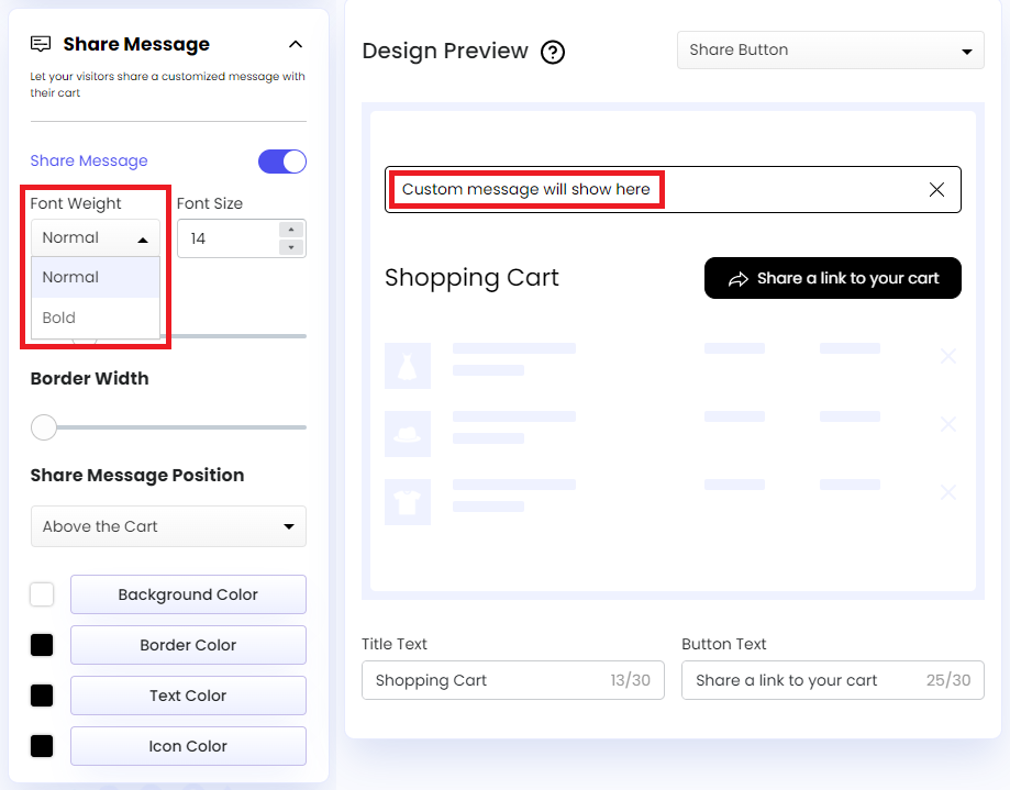Screenshot of Share Message-Font Weight