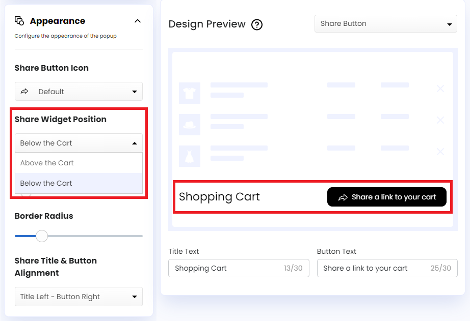 Screenshot of Share Widget Position-Below the Cart