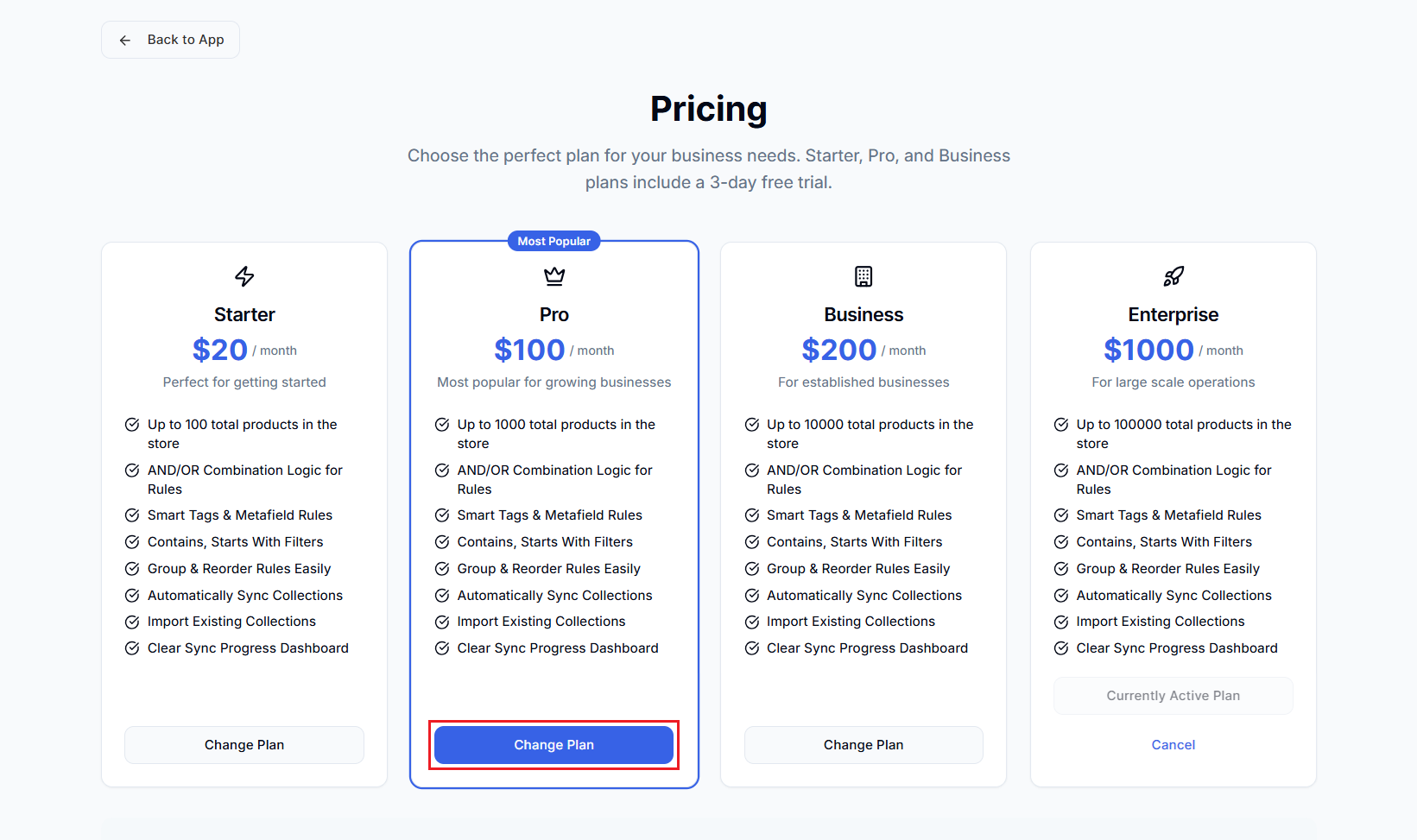 Screenshot of Smart Collections Builder Pricing Page